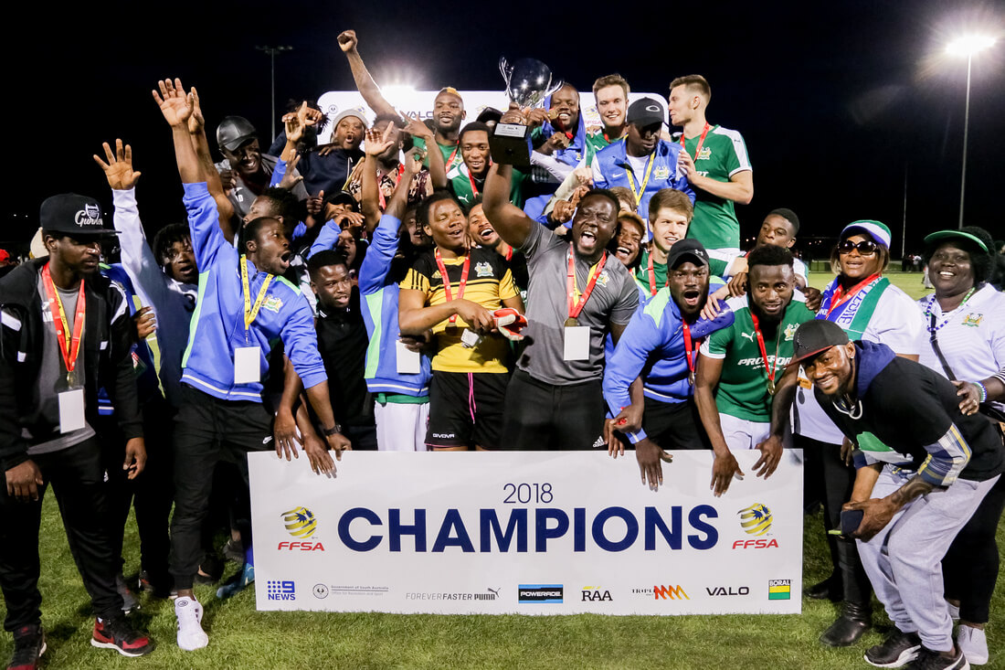 Sierra Leone celebrating their win over Guinea in the Grand Final Monday night (Adam Butler/8okms, 2018)