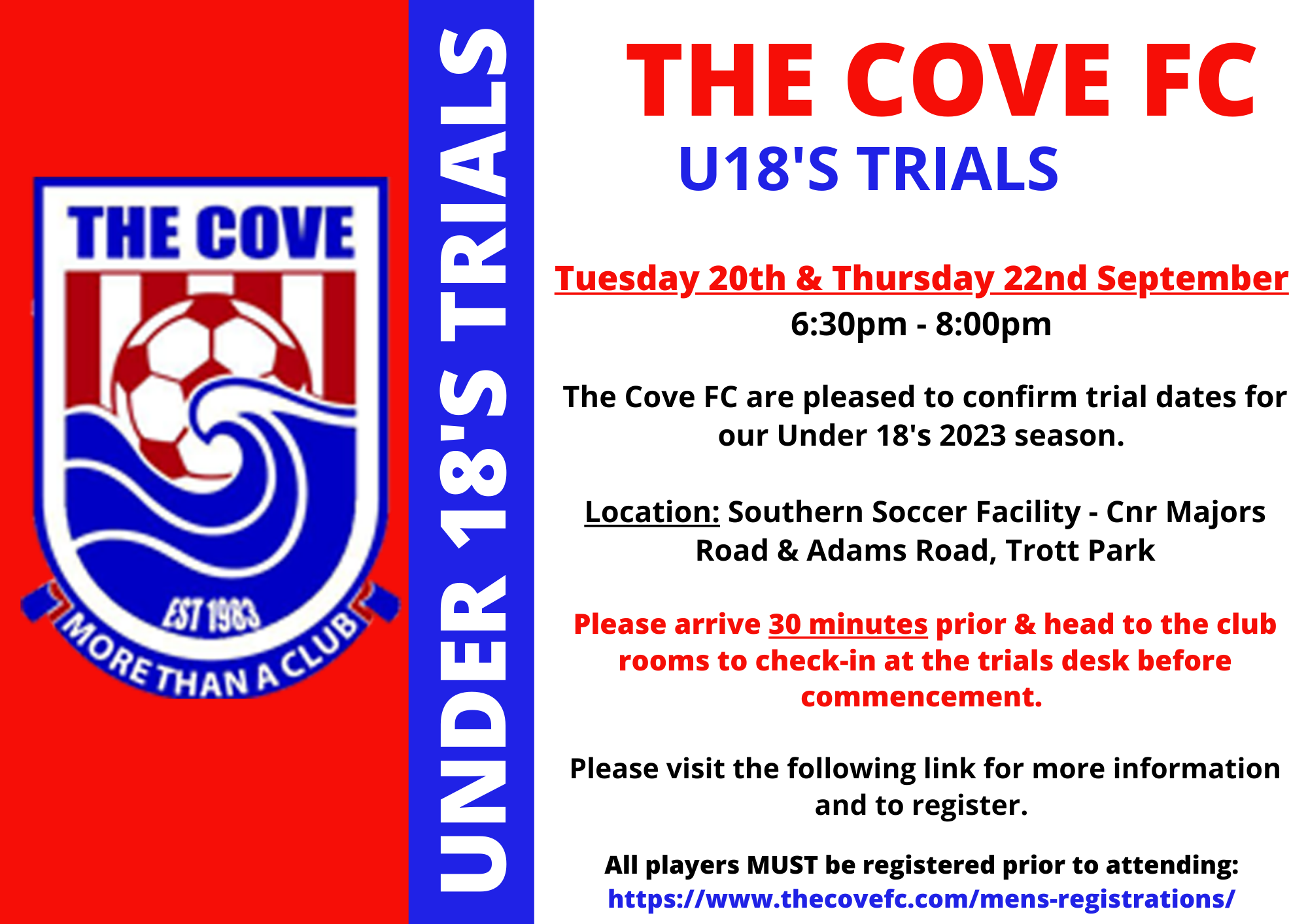 Cove FC Under 18's Trials Season 2023 Football SA